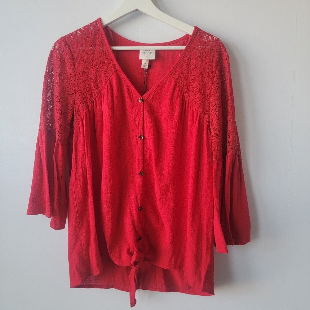 knox rose women's tie botton front top sz M Soft Feminine Boho lace bell sleeve